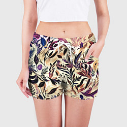 Шорты женские Цветочный светло-коричневый с листьями, цвет: 3D-принт — фото 2