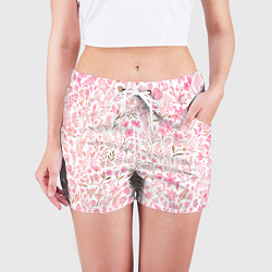 Шорты женские Белый в розовый цветочный паттерн, цвет: 3D-принт — фото 2