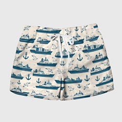 Женские шорты Морской паттерн из чаек, якорей и кораблей
