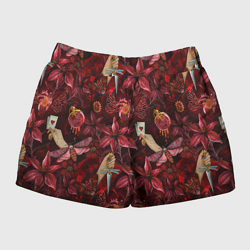 Женские шорты Бордовая готика с сердцем, лилиями и мотыльками / 3D-принт – фото 2