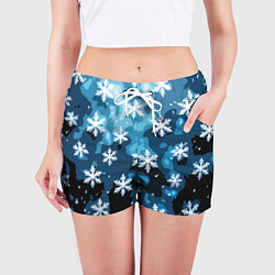 Шорты женские Стилизованный паттерн со снежинками тёмно-синий, цвет: 3D-принт — фото 2