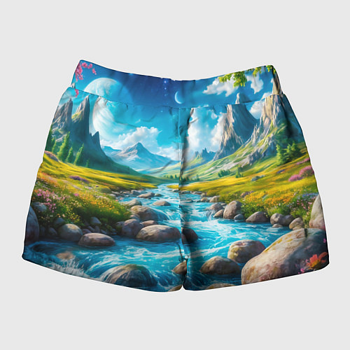Женские шорты Пейзаж художественный горы речка камни / 3D-принт – фото 2