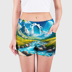 Шорты женские Пейзаж художественный горы речка камни, цвет: 3D-принт — фото 2