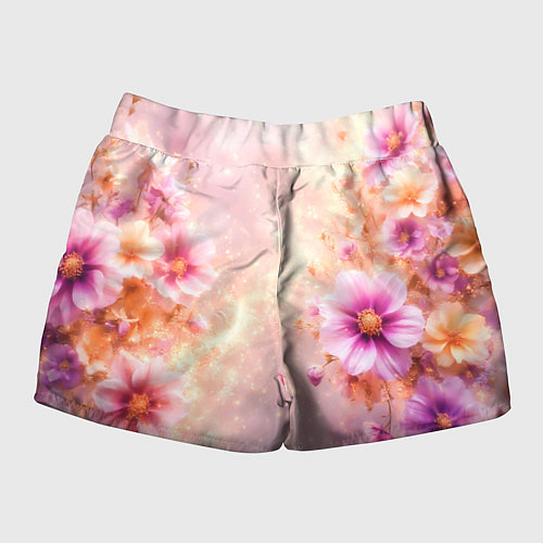 Женские шорты Нежный розовый цветочный с золотистым свечением / 3D-принт – фото 2