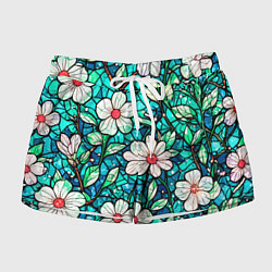 Шорты женские Цветочный сине-зелёный витраж, цвет: 3D-принт