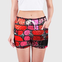 Шорты женские Рубиновый красный витражные плитки, цвет: 3D-принт — фото 2