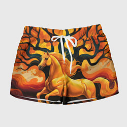 Шорты женские Огненная лошадь на фоне древа, цвет: 3D-принт
