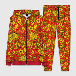 Женский 3D-костюм Хохломская роспись золотистые цветы на красном фон, цвет: 3D-красный
