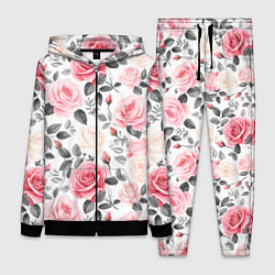 Женский 3D-костюм Розовые розы и серые листочки - паттерн, цвет: 3D-черный