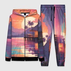 Женский 3D-костюм Летний домик пальмы закат, цвет: 3D-черный