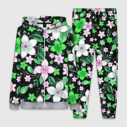 Женский 3D-костюм Зелёно-белые цветы на чёрном фоне, цвет: 3D-меланж