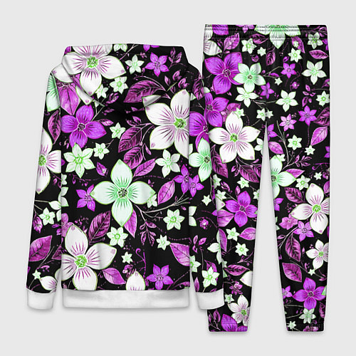 Женский костюм Фиолетово-белые цветы на чёрном фоне / 3D-Белый – фото 2