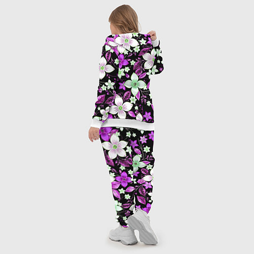 Женский костюм Фиолетово-белые цветы на чёрном фоне / 3D-Белый – фото 5