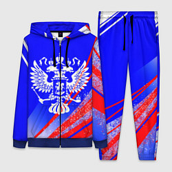 Женский 3D-костюм Герб России на фоне цветов флага синий, цвет: 3D-синий