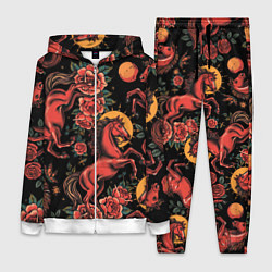 Женский 3D-костюм Красная лошадь с розами, цвет: 3D-белый