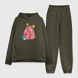 Женский костюм оверсайз Розовая слоника со слонятами, цвет: хаки
