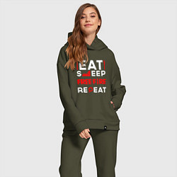 Женский костюм оверсайз Надпись eat sleep Free Fire repeat, цвет: хаки — фото 2