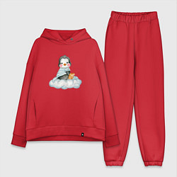 Женский костюм оверсайз Пингвин на облаке, цвет: красный