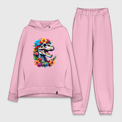 Женский костюм оверсайз Череп тираннозавра с яркими цветами, мексиканский, цвет: светло-розовый