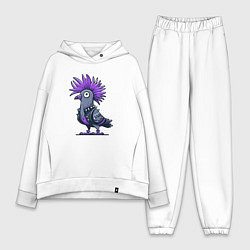 Женский костюм оверсайз Мультяшный голубь панк с ирокезом, цвет: белый