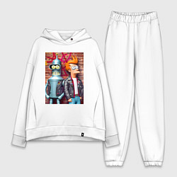 Женский костюм оверсайз Фрай и робот-сгибальщик Бендер у кирпичной стены, цвет: белый