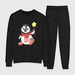 Костюм хлопковый женский Новогодний праздничный пингвин, цвет: черный