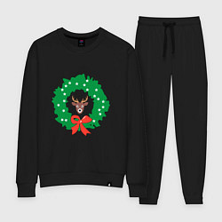 Костюм хлопковый женский Рождественский венок с оленем, цвет: черный
