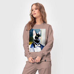 Костюм хлопковый женский Кот-джентльмен - мем - нейросеть - акварель, цвет: пыльно-розовый — фото 2