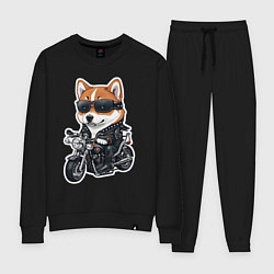 Костюм хлопковый женский Shiba Inu собака мотоциклист, цвет: черный