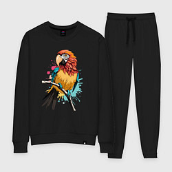 Костюм хлопковый женский Акварельный попугай, цвет: черный