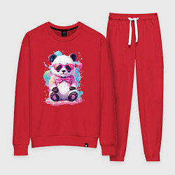 Костюм хлопковый женский Милая панда в розовых очках и бантике, цвет: красный