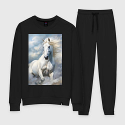 Костюм хлопковый женский Белая лошадь на фоне неба, цвет: черный