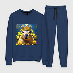Костюм хлопковый женский Мем капибара царь на троне и желтые цветы, цвет: тёмно-синий