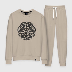 Костюм хлопковый женский Кельтский черный узор с птицами, цвет: миндальный