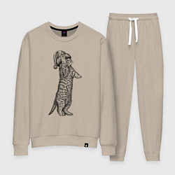 Костюм хлопковый женский Новогодний котенок играет, цвет: миндальный