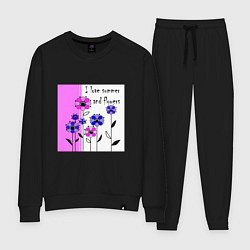 Костюм хлопковый женский Люблю лето и цветы яркий розовый, цвет: черный