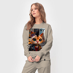 Костюм хлопковый женский Глазастый котёнок панк из Нью-Йорка - нейросеть, цвет: миндальный — фото 2