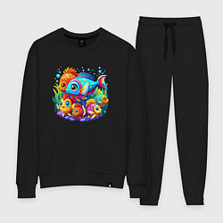 Костюм хлопковый женский Яркие тропические рыбки, цвет: черный