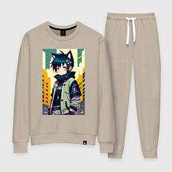 Костюм хлопковый женский Девочка котёнок - нейросеть, цвет: миндальный