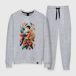 Костюм хлопковый женский Снегирь на ветке с рябиной, цвет: меланж