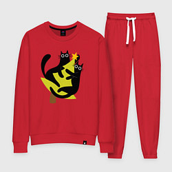 Костюм хлопковый женский Черные коты на елке, цвет: красный