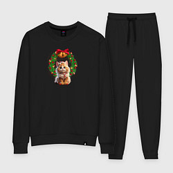 Костюм хлопковый женский Новогодний котик с рождественским венком, цвет: черный