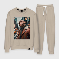 Костюм хлопковый женский Чувак питбуль смотрящий Нью-Йорка - нейроарт, цвет: миндальный