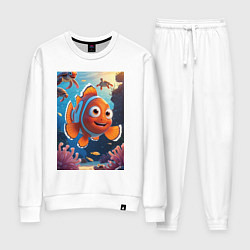 Костюм хлопковый женский Рыбка клоун плавает с черепахами, цвет: белый