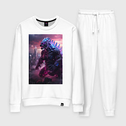 Костюм хлопковый женский Годзилла посреди мегаполиса, цвет: белый