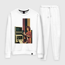 Костюм хлопковый женский Девушка и винтажный компьютер ретрофутуризм поп-ар, цвет: белый