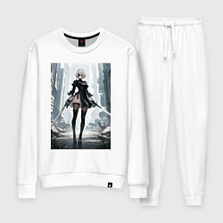 Костюм хлопковый женский Девушка-андроид с катанами посреди руин, цвет: белый