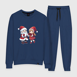 Костюм хлопковый женский Мультяшные Дед Мороз и Снегурочка держатся за руки, цвет: тёмно-синий