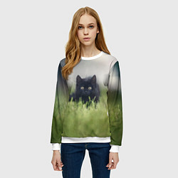 Свитшот женский Черный кот на лугу, цвет: 3D-белый — фото 2