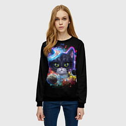 Свитшот женский Космический котик и планеты, цвет: 3D-черный — фото 2
